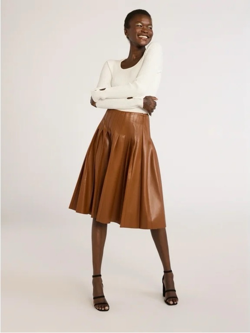 Pleated Faux Leather Skirt — Brown